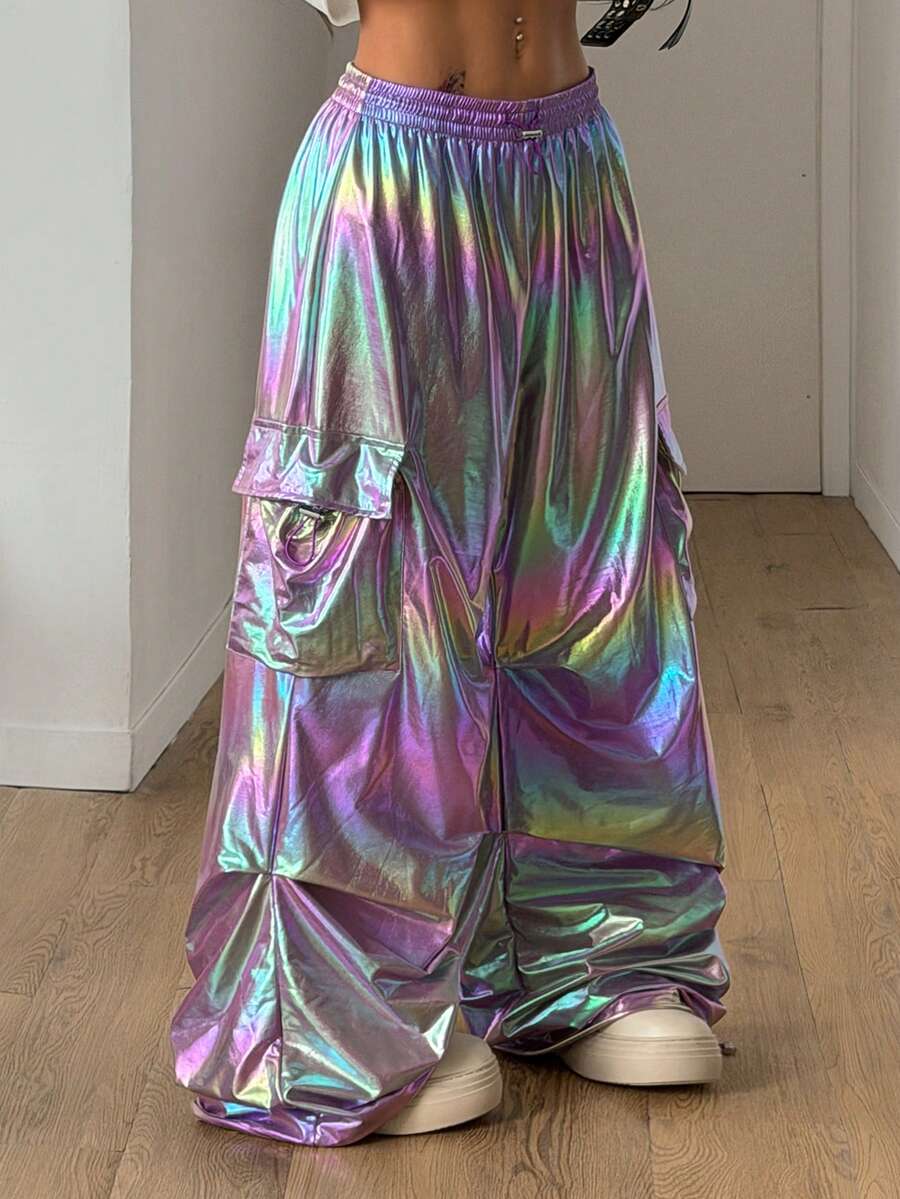 Coolane Women's Summer Streetwear Going Out Music Festival Outfits Fashionable Drawstring High Waist Wide Leg Cargo Pants With Holographic Effect Festival Bottoms Y2k Holographic Pants Iridescent Pants Wide Leg Pants Rave Pants - Purple - View 1