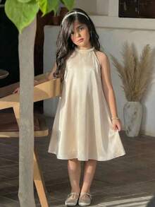 Girls' Elegant Fitted Stand Collar Sleeveless A-Line Beaded Dress, Spring/Summer - Apricot - View 2