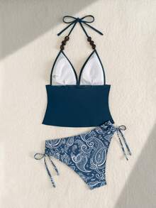 Swim Lushoire Women Solid Color Spaghetti Strap Pearl Decor Pants Print Side Drawstring Tie 2 Pieces Cami Bikini Set - Multicolor - View 4