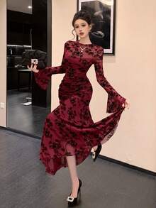 DAZY Đầm ren đỏ nhung mềm mại, thanh lịch cho mùa xuân/hè, thích hợp cho ngày Valentine, đám cưới, tiệc tùng, dạ hội, các dịp trang trọng, thời trang, dáng ôm, chân váy đuôi cá, phối bèo nhún, tay dài, dáng midi cho nữ, đầm chống nắng cho nữ - Màu Đỏ Sâu - Xem 2