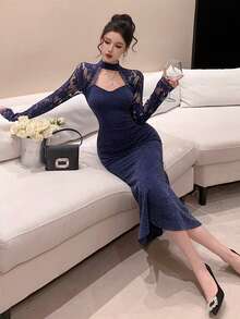 Joudiya 春夏蓝色亮片镂空网纱蕾丝拼接性感音乐节情人节婚礼派对宴会礼服长袖修身鱼尾中长连衣裙 - 藏蓝色 - 查看 8