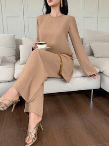 DAZY Women's Elegant Sequin Patchwork Asymmetric Hem Pullover Sweater And Wide Leg Pants 2 Pieces Set, Spring/Summer - Brown - View 1