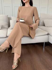 DAZY Women's Elegant Sequin Patchwork Asymmetric Hem Pullover Sweater And Wide Leg Pants 2 Pieces Set, Spring/Summer - Brown - View 4