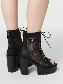 ROMWE Women Heeled Sandals~ 2026 New Fashion Spring And Summer High Heel Thick Heel Peep Toe Cool Boots Hollow Mesh Ankle Boots Buckle Front Lace-Up Jazz Dance High Heels Women's Sandals - Black - View 2