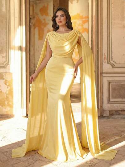 Aureia Vestido elegante y romántico de talla grande con cuello redondo, parches, mangas farol y bajo de cola de sirena en color amarillo, adecuado para fiestas de influencers, celebraciones, eventos formales y galas