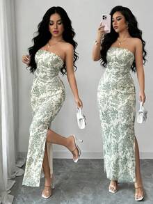 Rafferiza Women's Elegant Ruched Tie Dye Mesh Print Cinched Waist Strapless Party Split Dress - Green - View 1