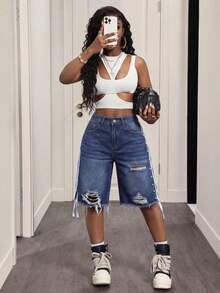 Slaydiva Women's Summer Casual Washed Distressed Denim Shorts With Beaded Decor - Blue - View 4