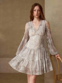 MOTF PREMIUM WOMEN'S TIE-DYE FLORAL EMBROIDERY V-NECK COLD SHOULDER LANTERN SLEEVE SHORT DRESS - Grey - View 6