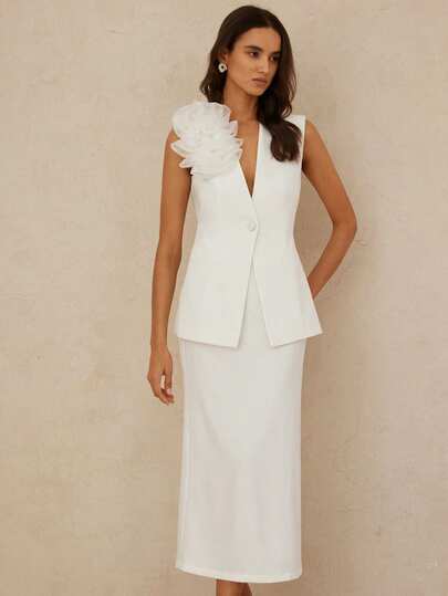 Aveloria Rosie Elegant & Chic Women's Commuting Modern Vintage-Inspired Luxury High-End Design Deep V Organza Oversized Floral Decor Sleeveless Waist Fitted Vest Paired With Straight Skirt Suit Set