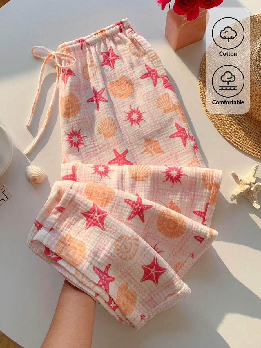 Comfortcana 100%纯棉贝壳格纹海洋印花双层雪纺柔软弹力腰宽松休闲裤,居家度假皆宜。2026春夏新款,时尚百搭,适合海滩度假、休闲出行,Y2K 2000年代复古风,春假必备。 - 彩色 - 查看 1