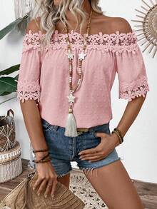EMERY ROSE Women's Off Shoulder Jacquard Casual Versatile Daily Wear Short Sleeve Blouse - Pink - View 6