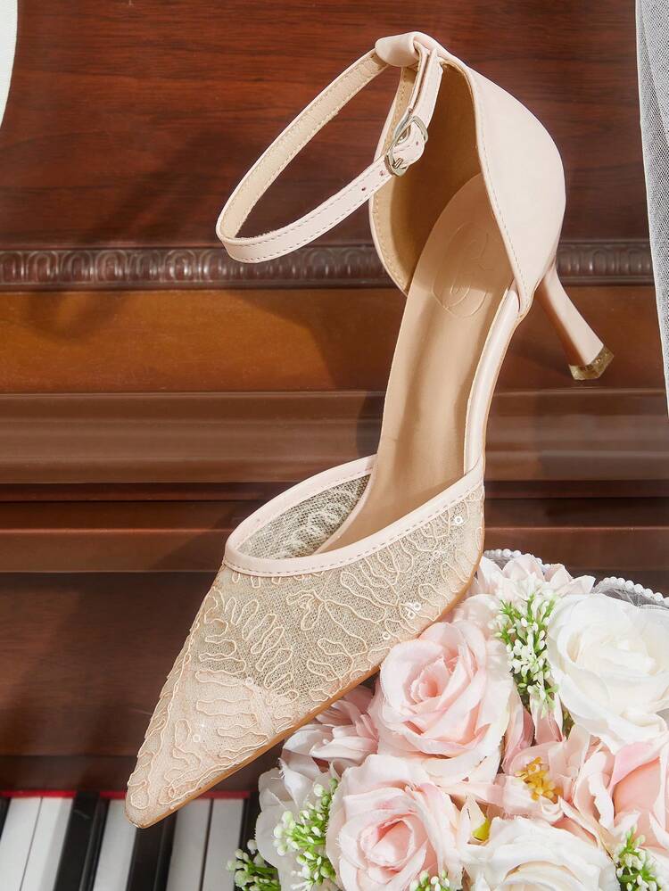 CUCCOO HITCHD New Pink Pointed Thin Heel Hollow Hollow Mesh Fashionable And Elegant Women's High Heel Shoes Summer Shoes Wedding Shoes Bride Shoes