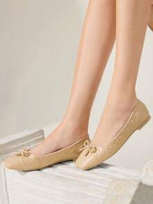 CUCCOO CHICEST Square Toe Loafers, Soft Sole Bow Decor Elegant Versatile Comfortable Slip-On Flat Apricot Shoes Wedding Shoes Spring Shoes Bride Shoes - Apricot - View 8