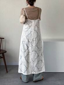 FRIFUL Women's Solid White Sheer Lace Fabric Layered Loose Casual Dress Maxi Dress - White - View 2