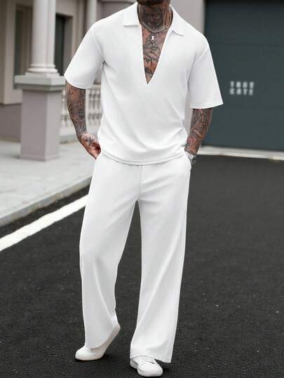 Manfinity CasualCool Men's Casual Solid Color Waffle V-Neck Polo Shirt And Pants Set, Summer White Two Pieces Outfit Men Men White Co Ord Europe Summer Outfits For Men Set Men's 2 Pieces Dress Outfits Long Pants Western Streetwear Daily Leisure, Weekend Trips, Travel Expeditions, Relaxed Work Environments , Boyfriend/Husband Gift, Anniversary /Birthday Gift Party Summer Vacation Holiday Streetwear Men Co Ord