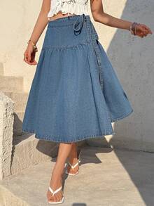 Sunnyshic Women's Knotted Ruched Casual Everyday Denim Mini Skirt - Medium Wash - View 5