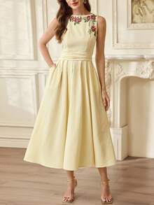 Vintamour Đầm nữ cổ điển thanh lịch, đầm xòe ôm sát cổ thuyền thêu họa tiết, màu vàng nhạt không tay, thích hợp cho mùa xuân/hè. - Màu vàng ngỗng - Xem 3