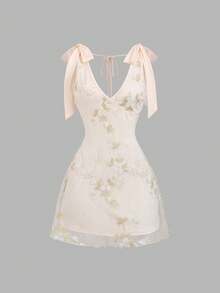 Sweetra Y2K Sexy Embroidered Bowknot Strap Versatile Elegant Vacation Dress - Apricot - View 1