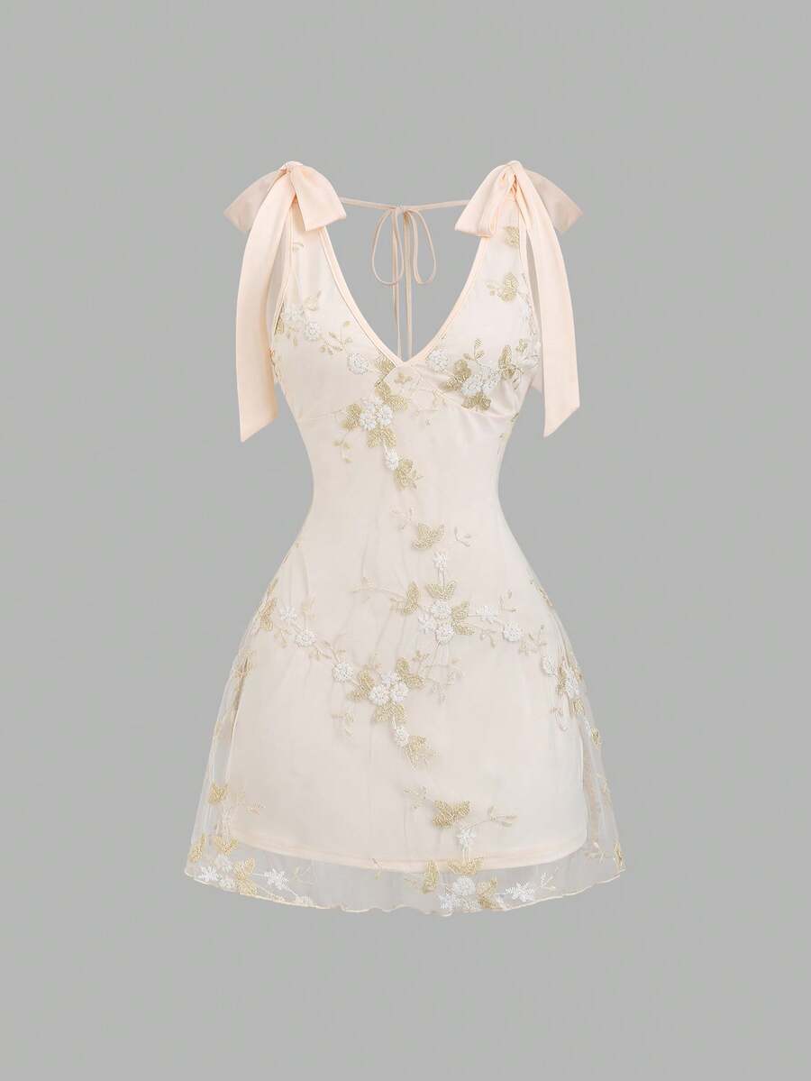 Sweetra Y2K Sexy Embroidered Bowknot Strap Versatile Elegant Vacation Dress - Apricot - View 1