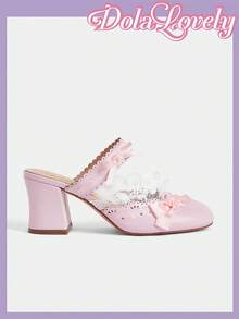Dola Lovely 女士粉色蕾丝蝴蝶结露跟半截高跟鞋，甜美可爱百搭的洛丽塔风格高跟鞋 - 粉色 - 查看 2