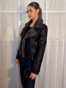 Aless PB 女式黑色 PU 皮革复合仿兔毛领夹克 - 黑色 - 查看 4