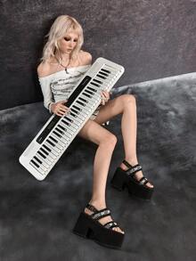 Sugerpunk 女士性感优雅朋克风坡跟厚底凉鞋，哥特珍珠条纹双带罗马角斗士粗跟弹力金属踝扣露趾派对夜店节日舒适女鞋 - 摩卡棕 - 查看 5