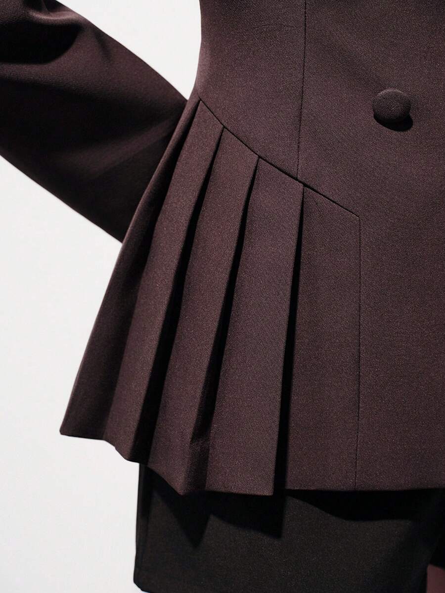 Aveloria Modichic 新款女士平驳领OL职业宽肩褶裥下摆长袖西装外套 - 咖啡棕 - 查看 1