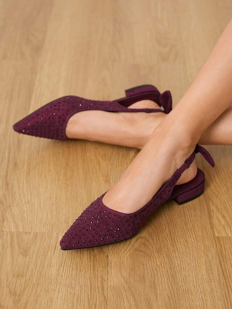 CUCCOO HITCHD Women Shoes Summer And Summer Burgundy Rhinestone Pointed Flat Shoes, Slingback Bow With Slip-On, Fashionable, Comfortable, Elegant And Beautiful Summer Shoes Wedding Shoes Bride Shoes