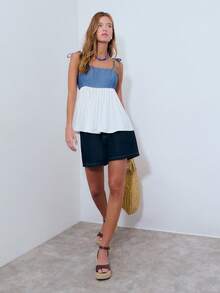 Nöista Two-Tone Camisole Features A Denim Bodice With Adjustable Tie Straps And A Flowy White Skirted Bottom. Casual, Summer, Spring, Denim Top, Easter. - Navy Blue - View 3