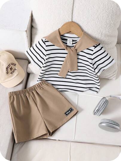 SHEIN 3 pièces/set Top à manches courtes rayé mignon, short à taille élastique, châle, convient pour l'anniversaire, la soirée, la représentation, le mariage, la pleine lune, le baptême et la célébration du 1er anniversaire, la baby shower pour bébé garçon/fille