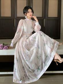 DAZY Women's Textured Fabric Printed Loose Dress With Stand Collar, Vacation Style - Pink - View 6