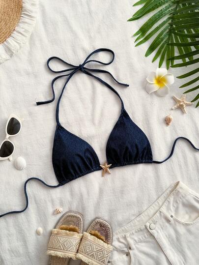 Soleia Top de mezclilla con decoración de estrella de mar y escote halter sexy para mujer