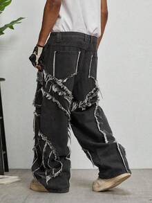 GALLERY FADE Men's Casual Street Style Distressed Flared Leg Grey Jeans - Dark Grey - View 8