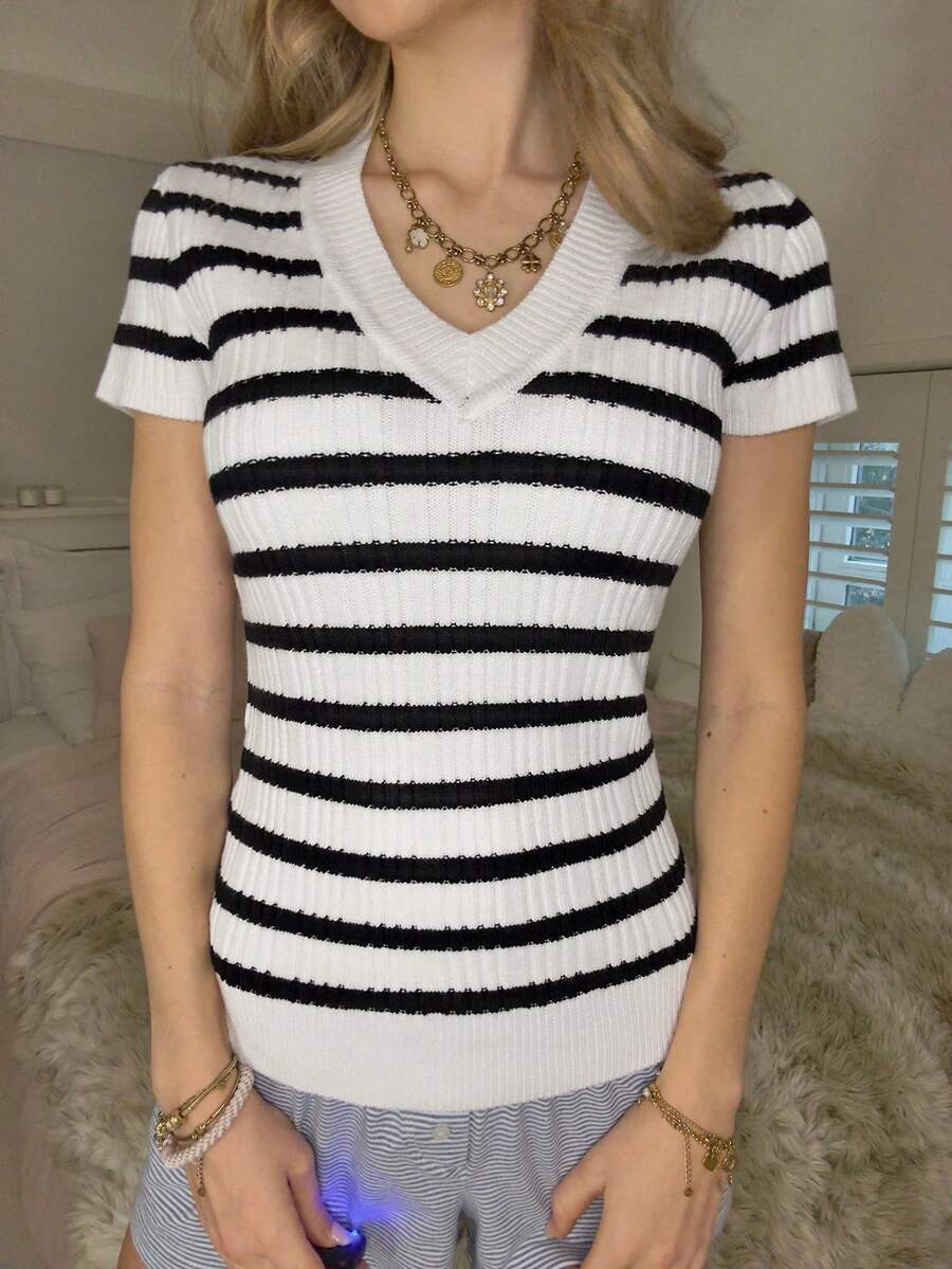 CovetEZ Women's V-Neck Striped Casual Versatile Daily Wear Knit Short Sleeve Top - Black and White - View 1