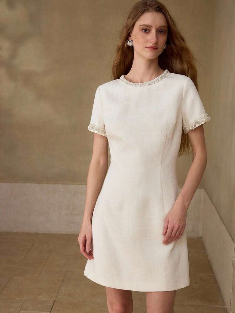 WOMEN'S SUMMER WHITE FAUX PEARL BEADED SHORT DRESS, PARTY WEAR