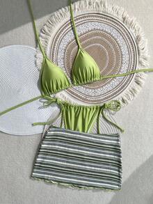 Swim Vcay New Green 3pcs Triangle Halter Neck Women Swimwear Set - Green - View 4