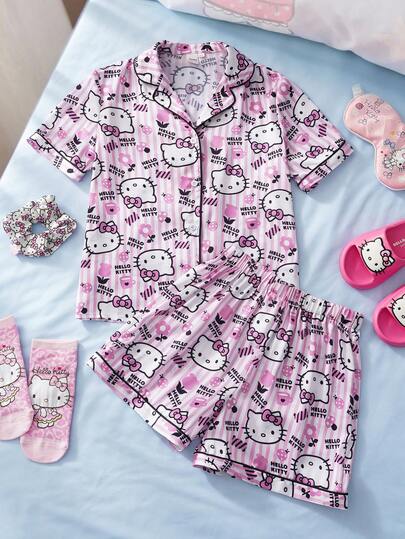 HELLO KITTY AND FRIENDS | SHEIN Tween Girl Cute Cartoon Striped Allover Print Contrast Piping Lapel Collar Short Sleeve Shirt And Shorts Set, Summer
