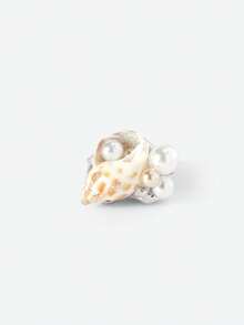 Opalesca Anillo exclusivo con concha irregular y perla con temática oceánica, premium/elegante/elegante/uso diario/minimalista, perla/cristal, verano/playa/baile de graduación/fiesta/vacaciones, compromiso/boda/promesa, novia, corazón/floral, Fairycore/Mermaidcore, chapado en oro de 18K - Plateado - Ver 4