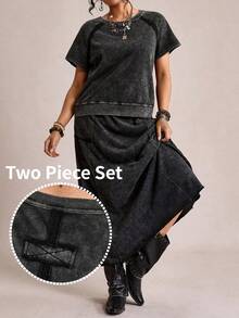 SHEIN LUNE Cotton 2-Piece Set: Women'S Music Festival Casual Solid Color Knit Crew Neck Short-Sleeved Loose Sweatshirt And Loose Skirt,Plus-Size Women'S Y2k Tie-Dye Two-Piece Set, Featuring Loose-Fitting Crew Neck Short-Sleeved Sweatshirt High-Waisted Long Skirt; Casual Street Style Two-Piece Set, Perfect For Comfortable Summer.Women Casual Solid Color Raglan Sleeve T-Shirt And Shorts Set,Suitable For Daily Wear, For Daily Wear,Simple Women Tops,Elegant And Fashionable For Commuting,Women Boho/Bohemian 2pcs Set Denim Maxi Skirt Two Piece Long Skirt Set Grunge Dress Anthropologie Clothes Layered Dress Dress With Pockets Black Western Dress Black Denim Dress Denim Dress For Curvy Woman Tie Waist Dress - Black - View 9