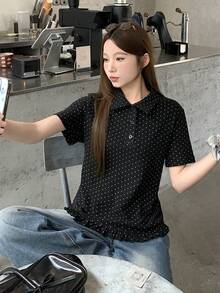 DAZY 女士清新韩风波点图案 Polo 领短袖衬衫 夏季 - 黑色 - 查看 7