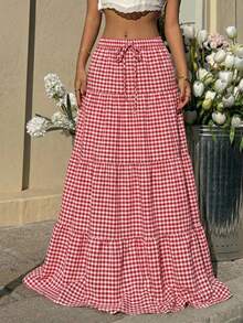 MainGRL Falda a cuadros rojos y blancos casual y juvenil para mujer de primavera/verano de SHEIN , para playa y vacaciones de primavera/verano - Rojo y blanco - Ver 5