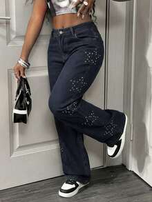 Slaydiva Summer Women's Party Casual Summer Vacation Outfits For Women Pocketed Rhinestone Star Casual Versatile Flare Leg Jeans - Blue - View 1