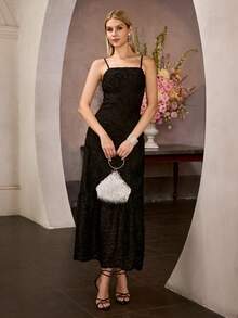 MOTF PREMIUM ELEGANTE VESTIDO LARGO DE MUJER CON TIRANTES FINOS EN NEGRO | TEJIDO JACQUARD TEJIDO CON DETALLE DE VOLANTES ESCALONADOS, VESTIDO SIRENA PARA AÑO NUEVO, DÍA DE SAN VALENTÍN, FIESTAS FORMALES, GALAS Y CELEBRACIONES, VESTIDOS DE PRIMAVERA ATUENDOS DE VERANO - Negro - View 8