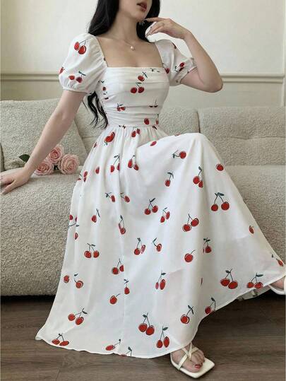 SHEIN Girlism Teen Girl Spring & Summer White Base Cherry Blossom Print Puff Sleeve Chest Ruched Waist Ruched A-Line Midi Dress, Elegant Floral, Luxurious Resort