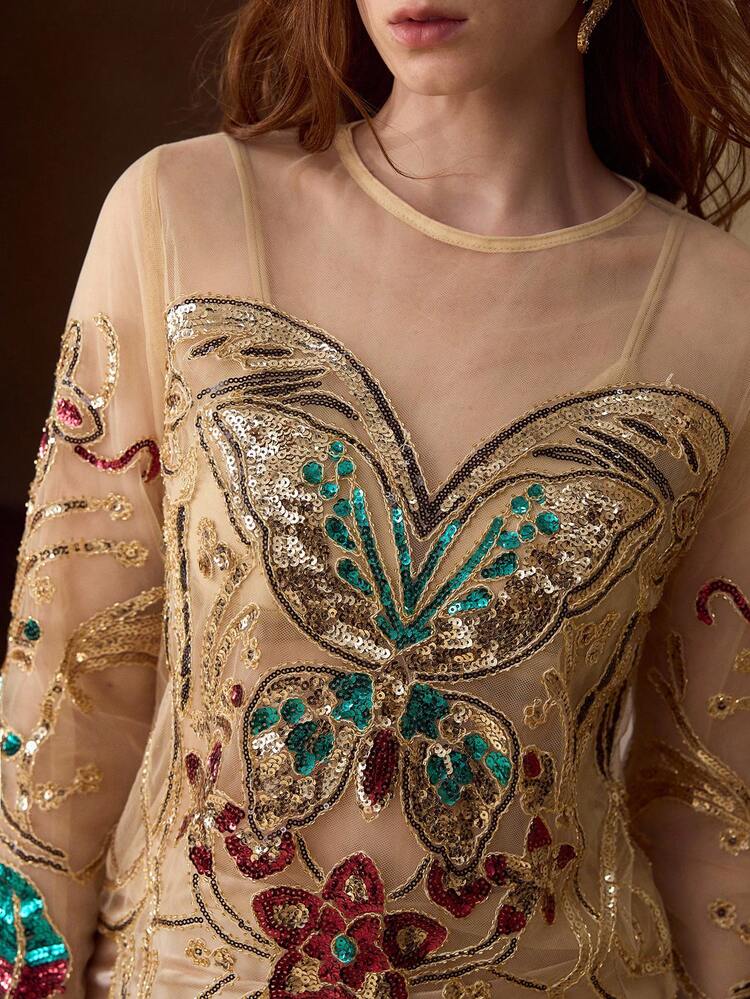 WOMEN'S BUTTERFLY SEQUIN EMBROIDERED SHEER MESH TOP