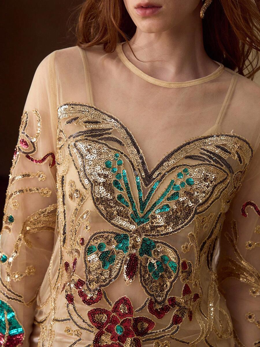 MOTF PREMIUM WOMEN'S BUTTERFLY SEQUIN EMBROIDERED SHEER MESH TOP - Gold - View 2