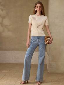 MOTF PREMIUM WOMEN'S CONTRAST LACE SHORT SLEEVE KNIT TOP - Apricot - View 3