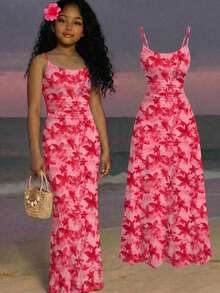 SHEIN Teen Girl Casual Vacation Floral Print Spaghetti Strap Dress - Red - View 6
