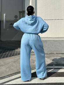 Muchica Plus Size Solid Color Letter Embroidery Hoodie And Wide Leg Pants Casual 2 Pieces Set - Baby Blue - View 2
