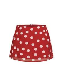 Qadelle Bộ đồ 2 món dành cho nữ mùa hè, gồm áo và chân váy ngắn bằng vải chiffon chấm bi đỏ trắng, cổ bèo bất đối xứng. - Đỏ - Xem 5